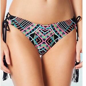 Coco Rave Women's Black Multi All Tied Up Lace Up Cheeky Bikini Swim Bottom sz M